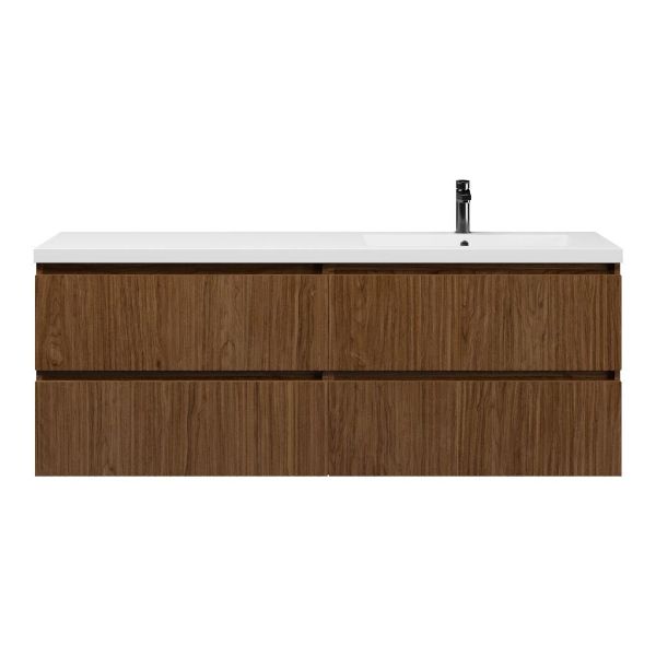 Bellanti Silvan/Esta badmeubel 160x46 4 softclose laden met ribbel - latjes structuur warm noten greeploos polystone enkele wastafel rechts wit met 1 kraangat