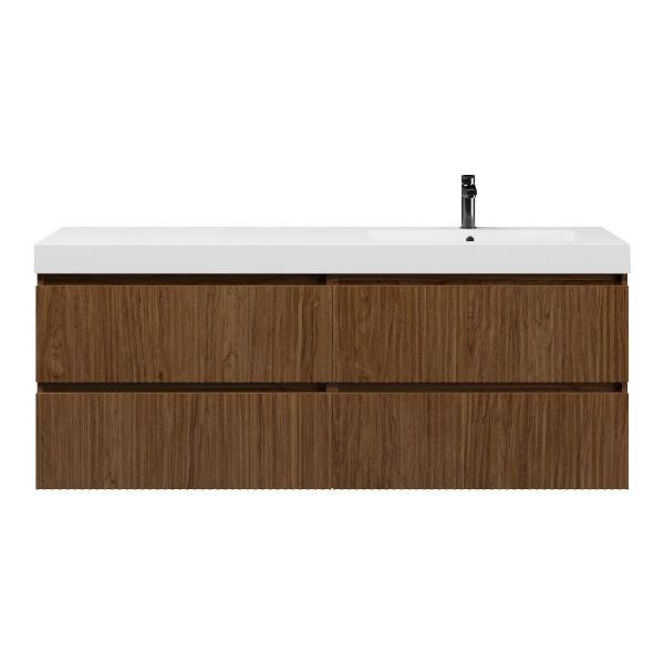 Bellanti Silvan/Esta badmeubel 160x46 4 softclose laden met ribbel - latjes structuur warm noten greeploos polystone enkele wastafel rechts wit met 1 kraangat