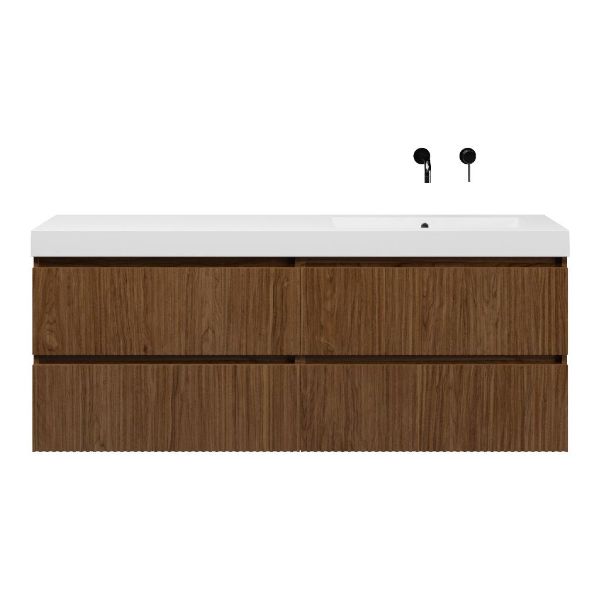 Bellanti Silvan/Esta badmeubel 160x46 4 softclose laden met ribbel - latjes structuur warm noten greeploos polystone enkele wastafel rechts wit zonder kraangat