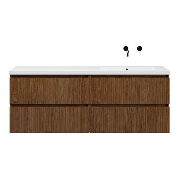 Bellanti Silvan/Esta badmeubel 160x46 4 softclose laden met ribbel - latjes structuur warm noten greeploos polystone enkele wastafel rechts wit zonder kraangat