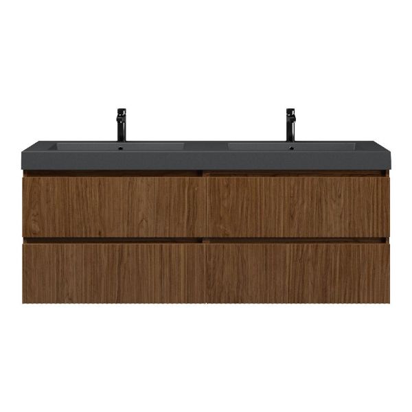 Bellanti Silvan/Esta badmeubel 160x46 4 softclose laden met ribbel - latjes structuur warm noten greeploos polystone dubbele wastafel mat grijs 2 kraangaten