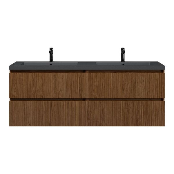 Bellanti Silvan/Esta badmeubel 160x46 4 softclose laden met ribbel - latjes structuur warm noten greeploos polystone dubbele wastafel mat grijs 2 kraangaten