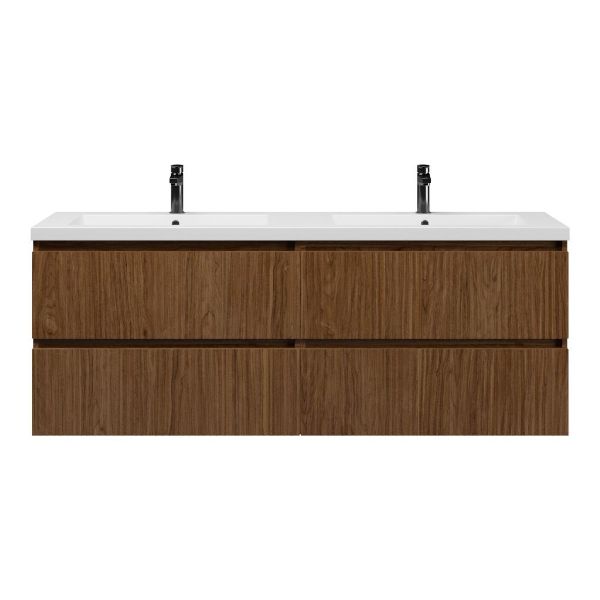 Bellanti Silvan/Esta badmeubel 160x46 4 softclose laden met ribbel - latjes structuur warm noten greeploos polystone dubbele wastafel mat grijs 2 kraangaten