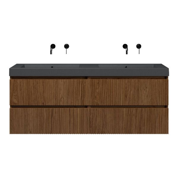 Bellanti Silvan/Esta-Q badmeubel 160x46 4 softclose laden met ribbel - latjes structuur warm noten greeploos quartz dubbele wastafel mat grijs zonder kraangaten