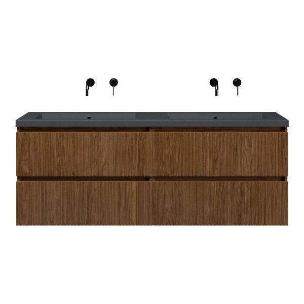 Bellanti Silvan/Esta-Q badmeubel 160x46 4 softclose laden met ribbel - latjes structuur warm noten greeploos quartz dubbele wastafel mat grijs zonder kraangaten