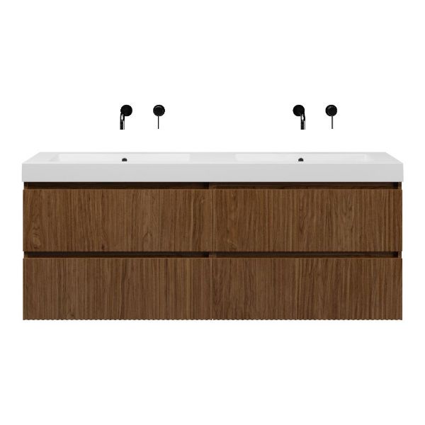 Bellanti Silvan/Esta-Q badmeubel 160x46 4 softclose laden met ribbel - latjes structuur warm noten greeploos quartz dubbele wastafel mat wit zonder kraangaten