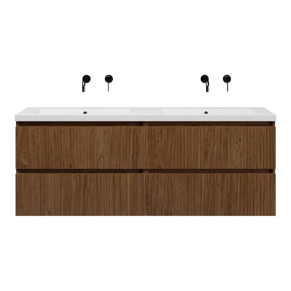 Bellanti Silvan/Esta-Q badmeubel 160x46 4 softclose laden met ribbel - latjes structuur warm noten greeploos quartz dubbele wastafel mat wit zonder kraangaten