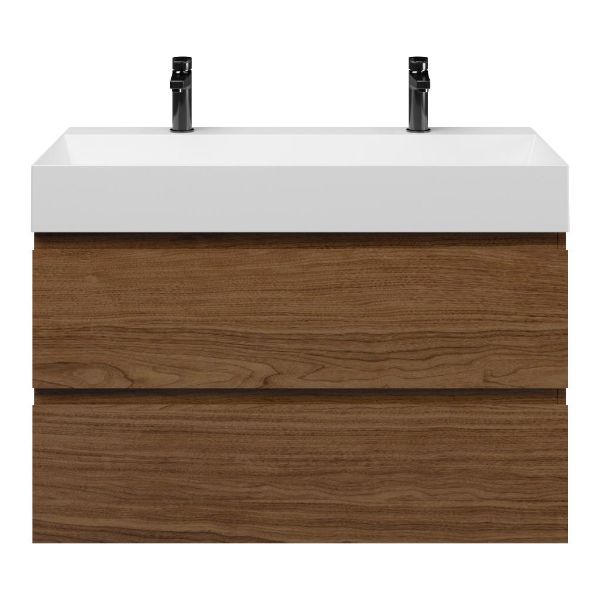 Bellanti Elena/Azzurra badmeubel 100x46 2 softclose laden warm noten greeploos keramische wastafel wit mat met 2 kraangaten