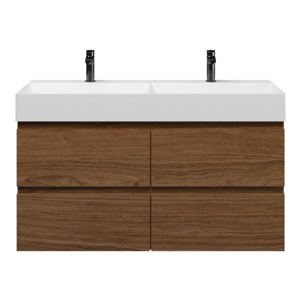 Bellanti Elena/Azzurra badmeubel 120x46 4 softclose laden warm noten greeploos keramische wastafel dubbel wit mat met 2 kraangaten