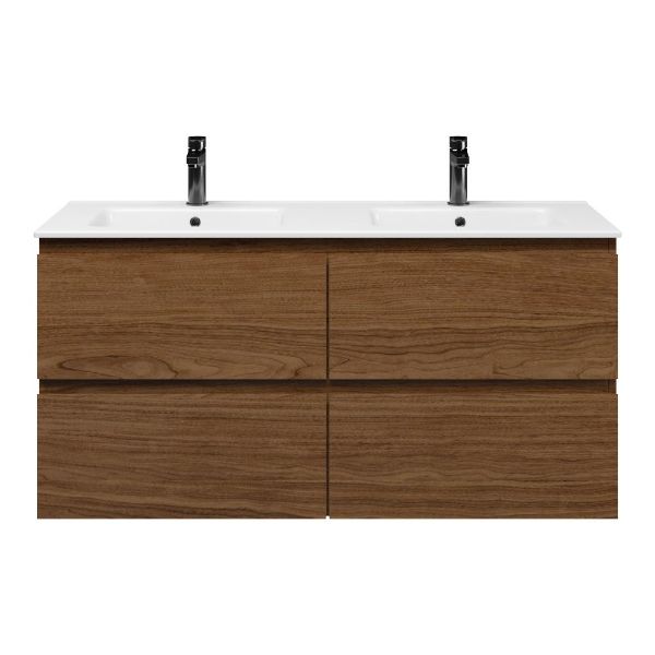 Bellanti Elena/Etna badmeubel 120x46 4 softclose laden warm noten greeploos keramische wastafel dubbel wit met 2 kraangaten