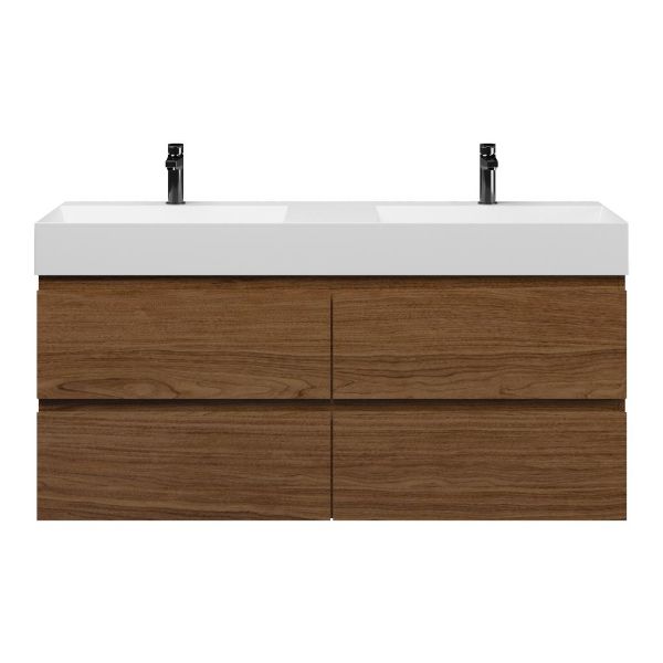 Bellanti Elena/Azzurra badmeubel 140x46 4 softclose laden warm noten greeploos keramische wastafel dubbel wit mat met 2 kraangaten
