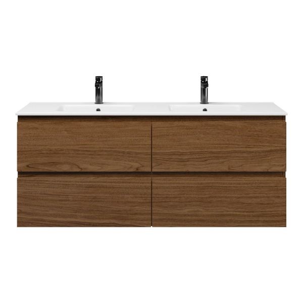 Bellanti Elena/Etna badmeubel 140x46 4 softclose laden warm noten greeploos keramische wastafel dubbel wit met 2 kraangaten