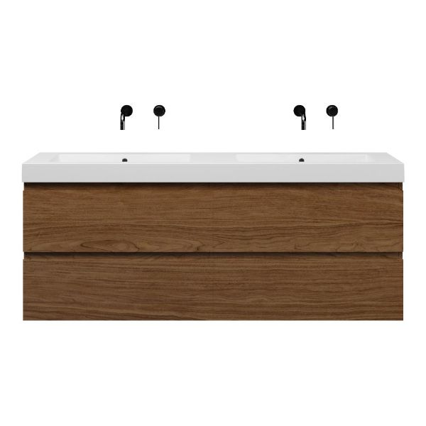 Bellanti Elena/Esta-Q badmeubel 160x46 4 softclose laden warm noten greeploos quartz dubbele wastafel mat wit zonder kraangaten