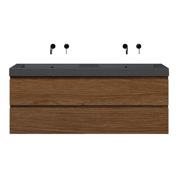 Bellanti Elena/Esta-Q badmeubel 160x46 4 softclose laden warm noten greeploos quartz dubbele wastafel mat grijs zonder kraangaten