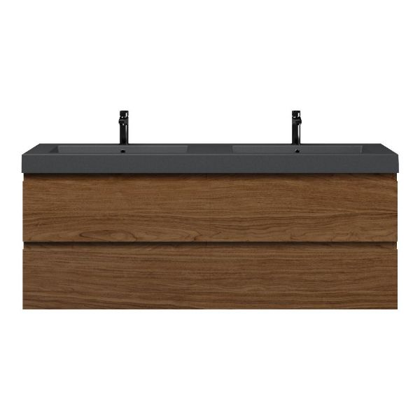 Bellanti Elena/Esta badmeubel 160x46 4 softclose laden warm noten greeploos polystone dubbele wastafel mat grijs 2 kraangaten