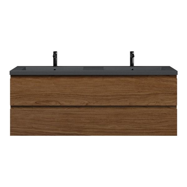 Bellanti Elena/Esta badmeubel 160x46 4 softclose laden warm noten greeploos polystone dubbele wastafel mat grijs 2 kraangaten