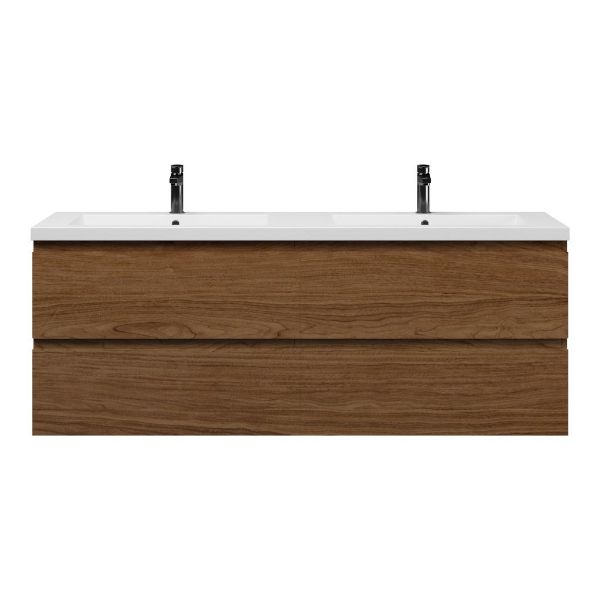 Bellanti Elena/Esta badmeubel 160x46 4 softclose laden warm noten greeploos polystone dubbele wastafel mat grijs 2 kraangaten