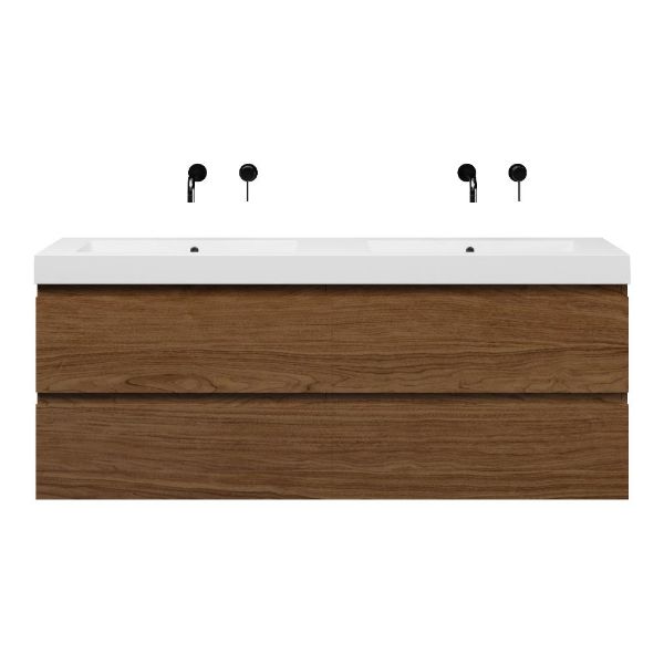 Bellanti Elena/Esta badmeubel 160x46 4 softclose laden warm noten greeploos polystone dubbele wastafel wit zonder kraangaten