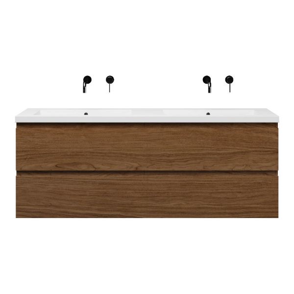 Bellanti Elena/Esta badmeubel 160x46 4 softclose laden warm noten greeploos polystone dubbele wastafel wit zonder kraangaten