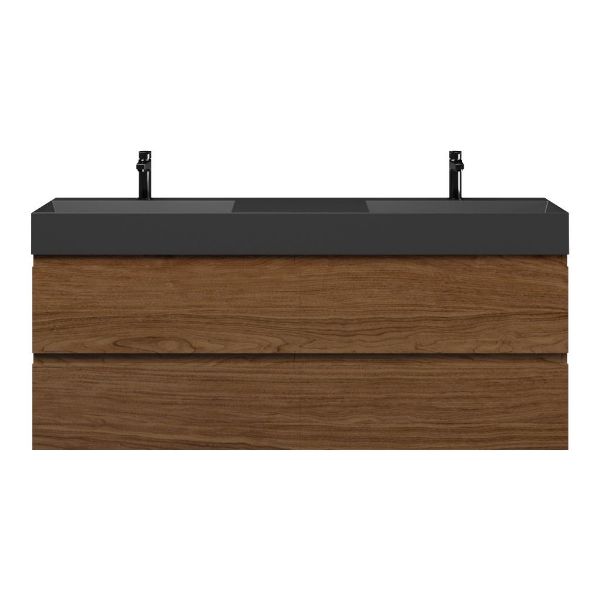 Bellanti Elena/Azzurra badmeubel 160x46 4 softclose laden warm noten greeploos keramiek dubbele wastafel mat zwart 2 kraangaten