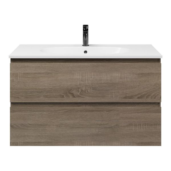 Bellanti Elena/Como badmeubel 100x46 2 softclose laden eiken donker greeploos keramische wastafel wit met 1 kraangat