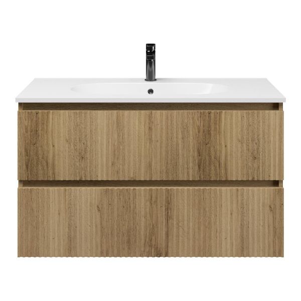 Bellanti Silvan/Como badmeubel 100x46 2 softclose laden warm eiken greeploos keramische wastafel wit met 1 kraangat