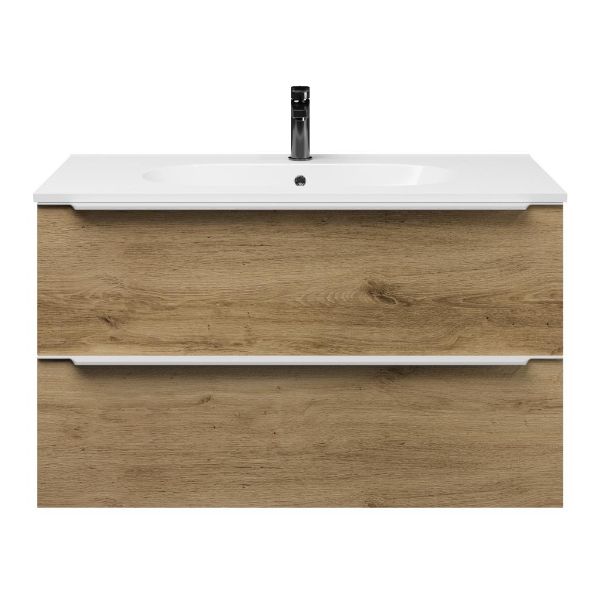 Bellanti Lucilla/Como badmeubel 100x46 2 softclose laden warm eiken met greep naar keuze keramische wastafel wit met 1 kraangat