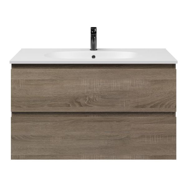 Bellanti Elena/Como badmeubel 100x46 2 softclose laden eiken donker greeploos keramische wastafel mat wit met 1 kraangat