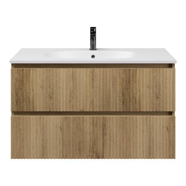 Bellanti Silvan/Como badmeubel 100x46 2 softclose laden warm eiken greeploos keramische wastafel mat wit met 1 kraangat