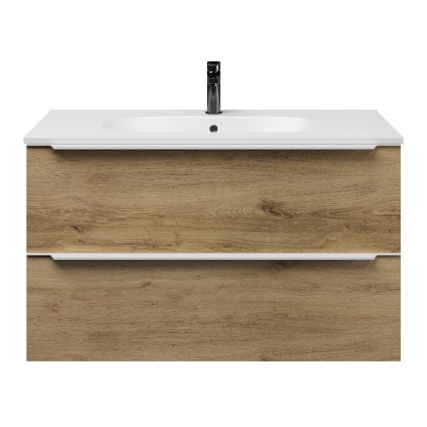 Bellanti Lucilla/Como badmeubel 100x46 2 softclose laden warm eiken met greep naar keuze keramische wastafel mat wit met 1 kraangat