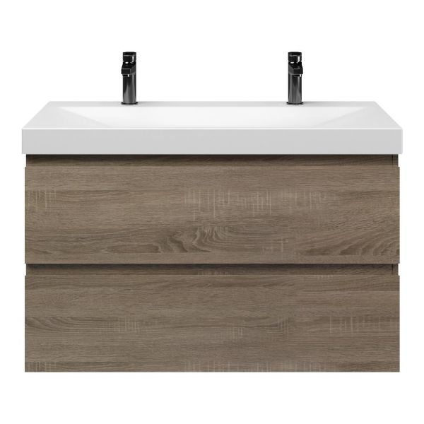 Bellanti Elena/Jenthe badmeubel 100x46 2 softclose laden eiken donker greeploos keramische wastafel wit mat met 2 kraangaten