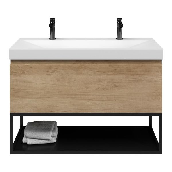 Bellanti Solo/Tela/Jenthe badmeubel 100x46 1 softclose lade olm greeploos keramische wastafel wit mat met 2 kraangaten met mat zwart metalen frame