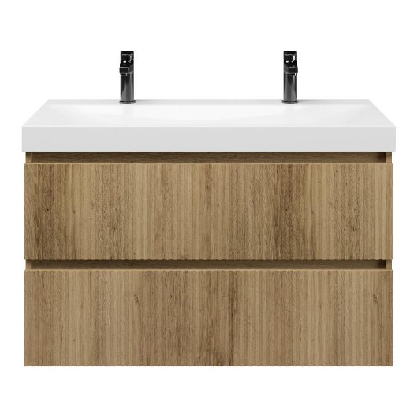 Bellanti Silvan/Jenthe badmeubel 100x46 2 softclose laden warm eiken greeploos keramische wastafel wit glans met 2 kraangaten