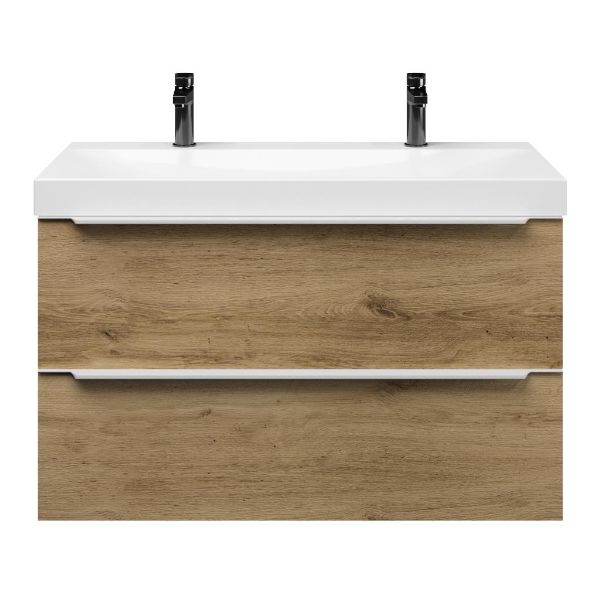 Bellanti Lucilla/Jenthe badmeubel 100x46 2 softclose laden warm eiken met greep naar keuze keramische wastafel wit glans met 2 kraangaten