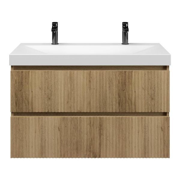 Bellanti Silvan/Jenthe badmeubel 100x46 2 softclose laden warm eiken greeploos keramische wastafel wit mat met 2 kraangaten