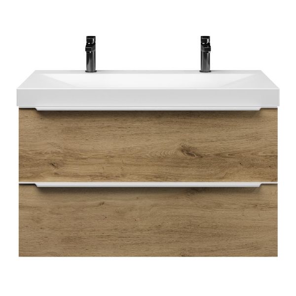 Bellanti Lucilla/Jenthe badmeubel 100x46 2 softclose laden warm eiken met greep naar keuze keramische wastafel wit mat met 2 kraangaten