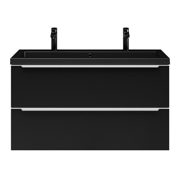 Bellanti Ambra/Esta ondiep badmeubel 100x36 2 softclose laden mat zwart met greep naar keuze polystone wastafel mat zwart met 2 kraangaten