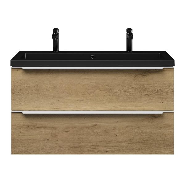 Bellanti Ambra/Esta ondiep badmeubel 100x36 2 softclose laden warm eiken met greep naar keuze polystone wastafel mat zwart met 2 kraangaten