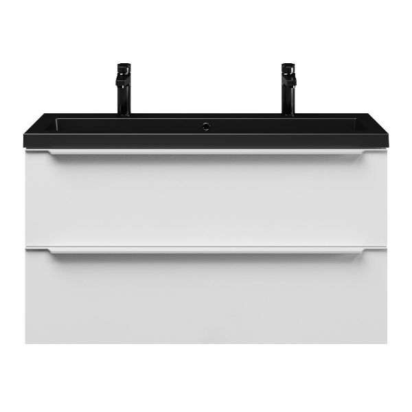 Bellanti Ambra/Esta ondiep badmeubel 100x36 2 softclose laden wit hoogglans met greep naar keuze polystone wastafel mat zwart met 2 kraangaten