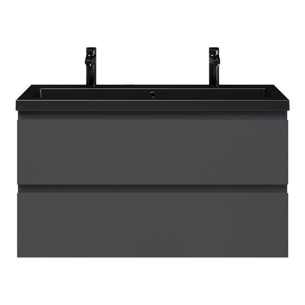 Bellanti Secca/Esta ondiep badmeubel 100x36 2 softclose laden antraciet mat greeploos polystone wastafel mat zwart met 2 kraangaten