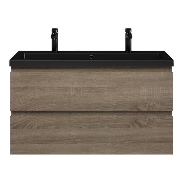 Bellanti Secca/Esta ondiep badmeubel 100x36 2 softclose laden donker eiken greeploos polystone wastafel mat zwart met 2 kraangaten