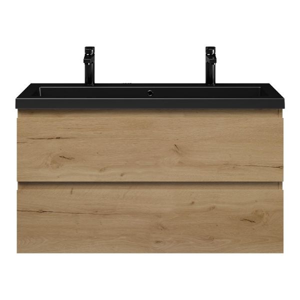 Bellanti Secca/Esta ondiep badmeubel 100x36 2 softclose laden eiken natuur greeploos polystone wastafel mat zwart met 2 kraangaten