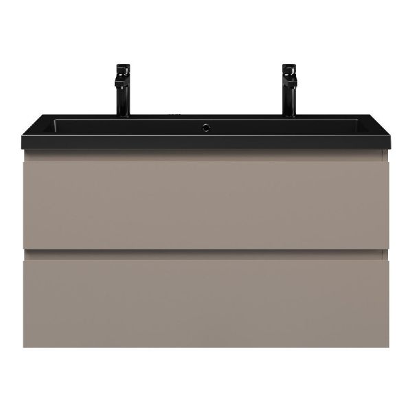 Bellanti Secca/Esta ondiep badmeubel 100x36 2 softclose laden taupe greeploos polystone wastafel mat zwart met 2 kraangaten