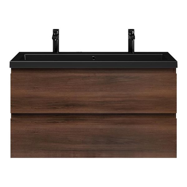 Bellanti Secca/Esta ondiep badmeubel 100x36 2 softclose laden walnoot greeploos polystone wastafel mat zwart met 2 kraangaten