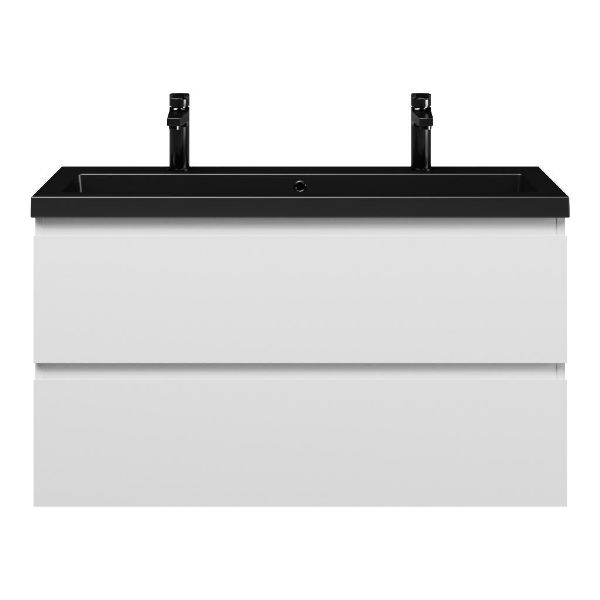 Bellanti Secca/Esta ondiep badmeubel 100x36 2 softclose laden wit mat greeploos polystone wastafel mat zwart met 2 kraangaten