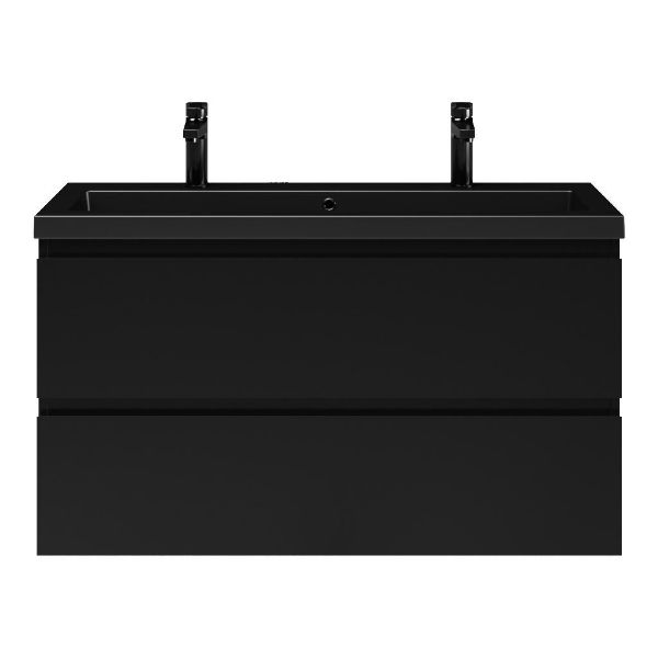 Bellanti Secca/Esta ondiep badmeubel 100x36 2 softclose laden zwart mat greeploos polystone wastafel mat zwart met 2 kraangaten