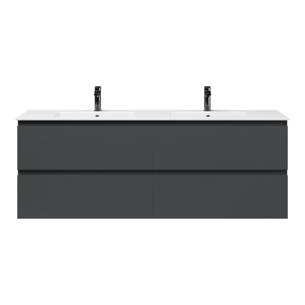 Bellanti Gisella/Etna badmeubel 160x46 4 softclose laden mat antraciet greeploos keramiek dubbele wastafel wit met 2 kraangaten