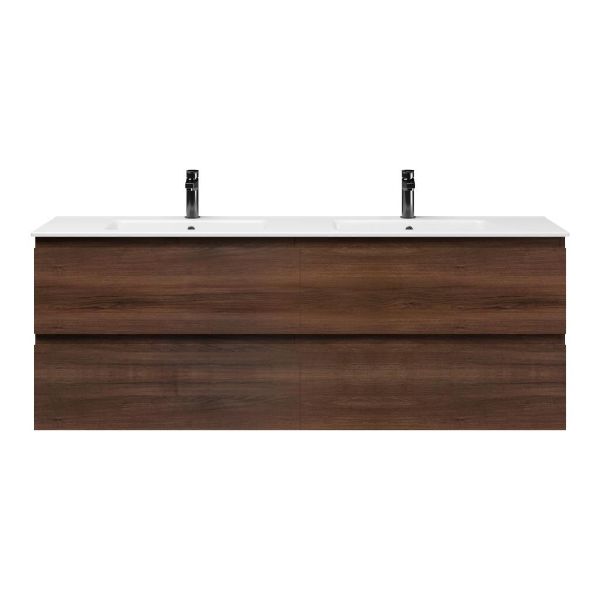 Bellanti Gisella/Etna badmeubel 160x46 4 softclose laden walnoot greeploos keramiek dubbele wastafel wit met 2 kraangaten