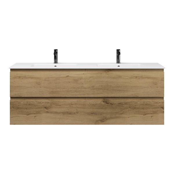 Bellanti Gisella/Etna badmeubel 160x46 4 softclose laden warm eiken greeploos keramiek dubbele wastafel wit met 2 kraangaten