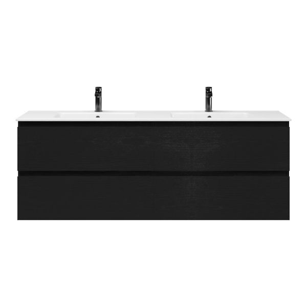 Bellanti Gisella/Etna badmeubel 160x46 4 softclose laden zwart mat eiken greeploos keramiek dubbele wastafel wit met 2 kraangaten